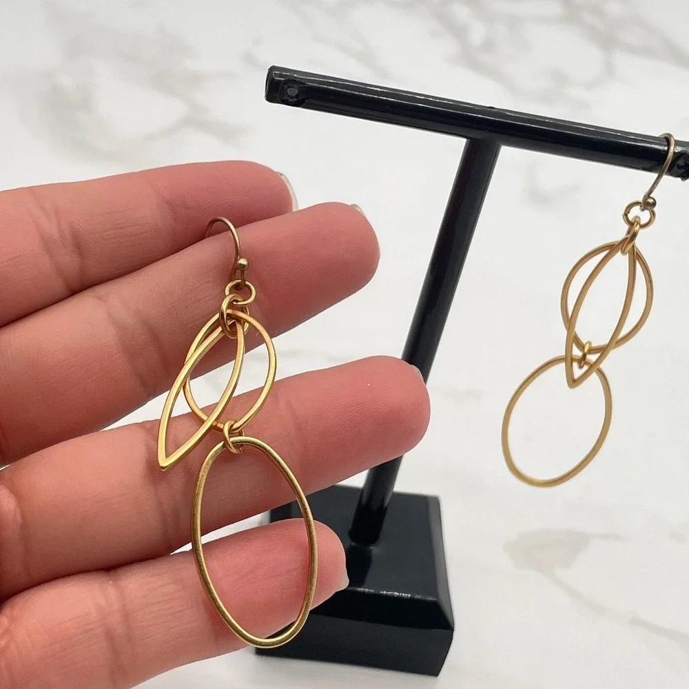 Vintage Gold Tone Geometric Marquise Link Dangle Drop Earrings Oval For‎ Women